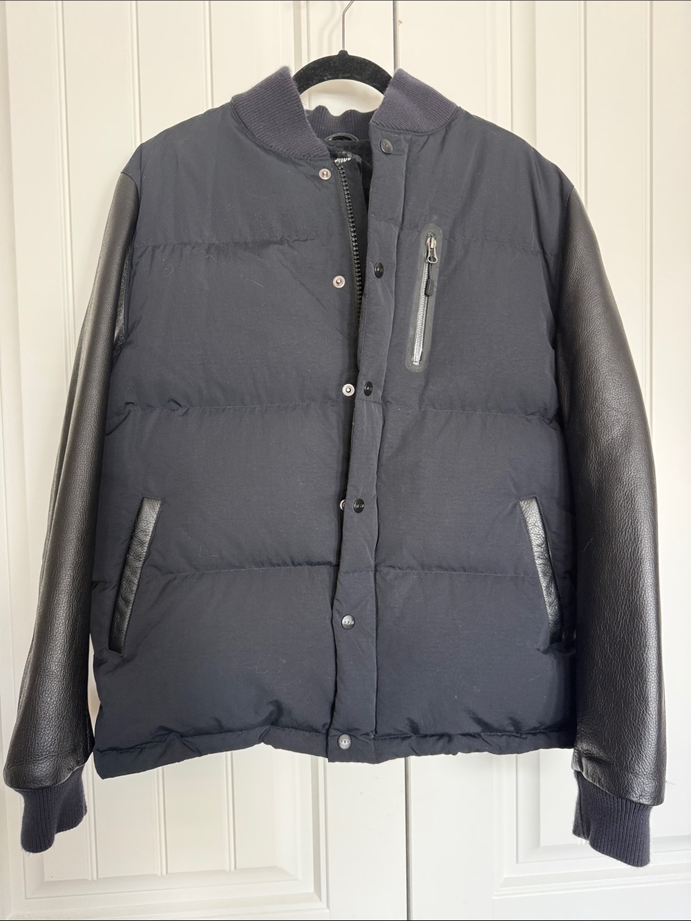 Nike Black Puffer Bomber Jacket with Leather Sleeves